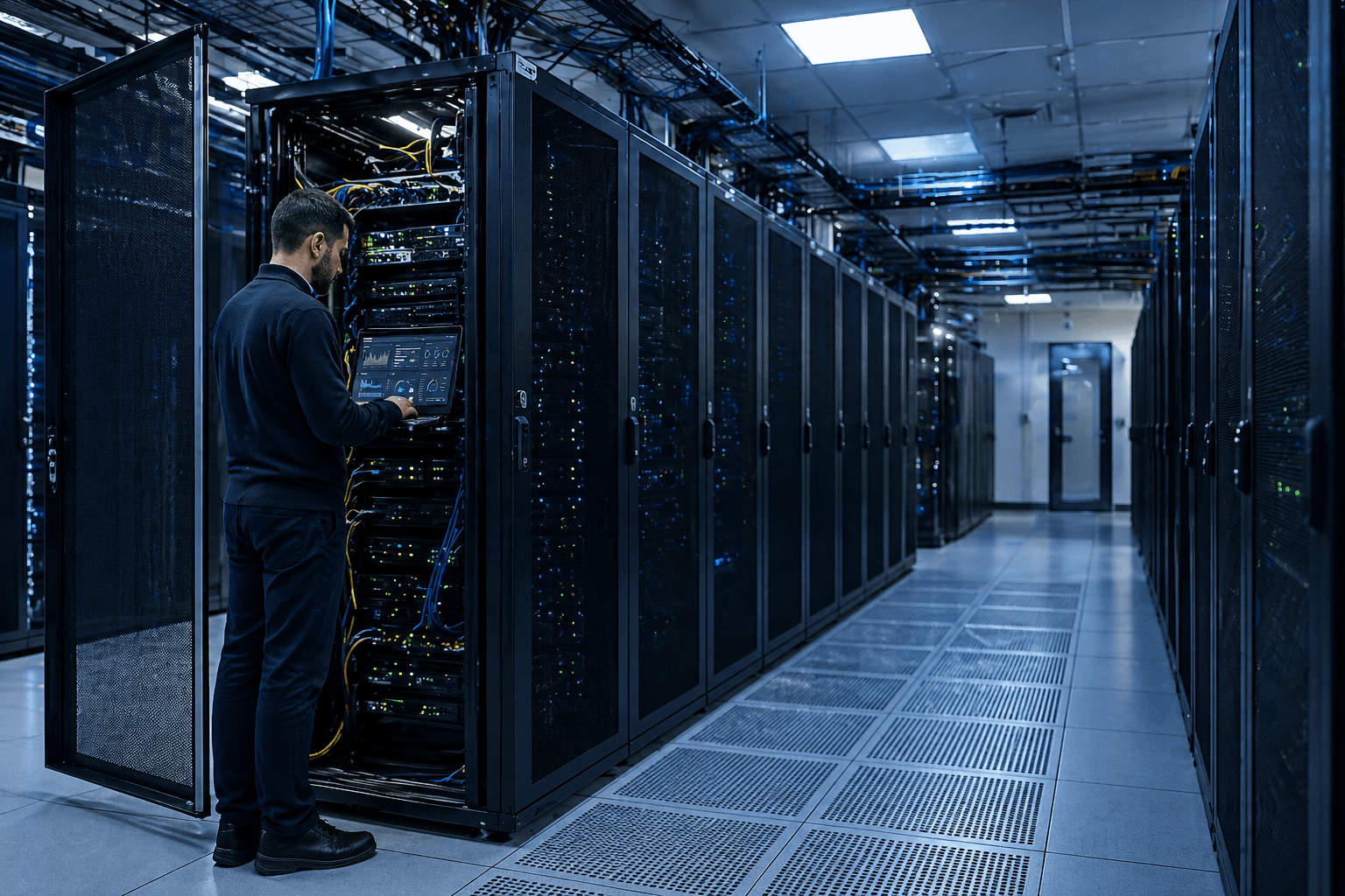Server room with blue lighting - IT Infrastructure